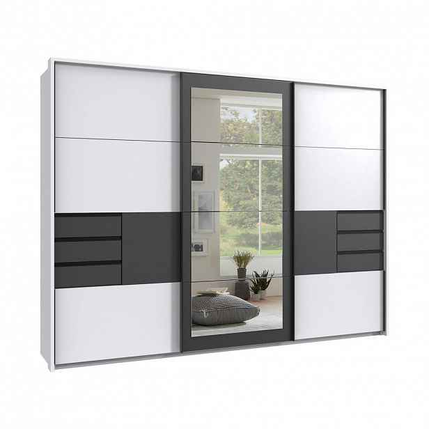luma-home SKŘÍŇ S POSUVNÝMI DVEŘMI, 3dveřová, 273 × 213 × 64 cm (Š×V×H), bílá s grafitovými akcenty, paspartou, zrcadlem a zásuvkami / 22505