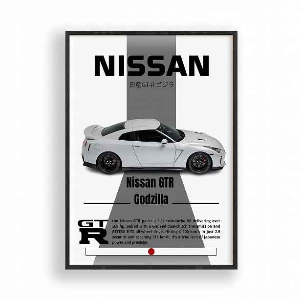 Obraz Auto Nissan Gt-r Godzilla Plakát Rámeček Dřevěný Černý 30x42 cm