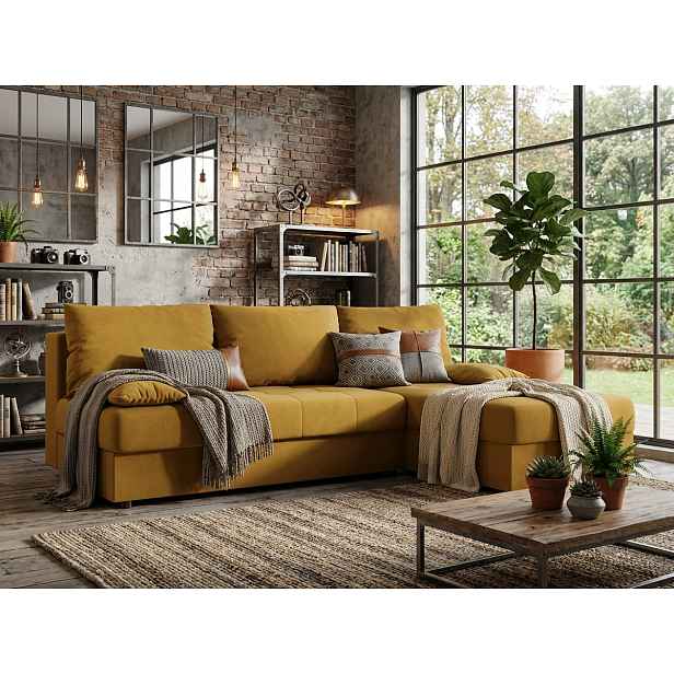 Rozkládací oboustranná sedací souprava do L VENORIA SLIM 200x143 cm, hořčicová + 2 polštářky ZDARMA
