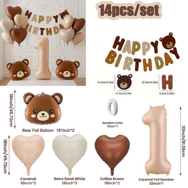TEMU Sada dekorací na narozeninové balónky s medvědím 14 ks včetně fóliového balónku s medvědem, balónku s číslem, plstěného nápisu Happy Birthday,