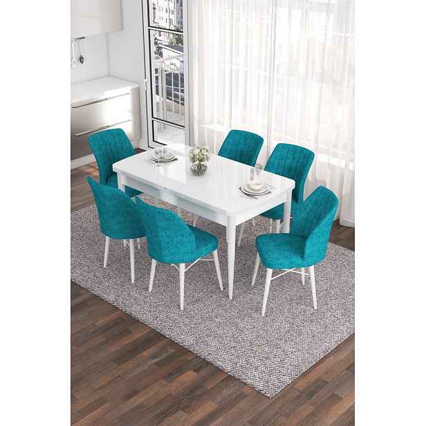 Extendable Dining Table & Chairs Set (7 Pieces) Eva - White, Turquoise
