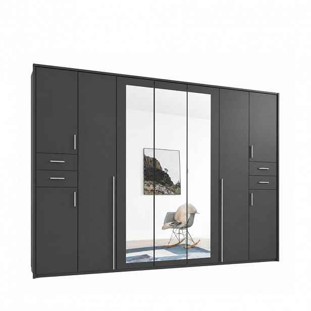 luma-home SKŘÍŇ S OTOČNÝMI DVEŘMI Š313/V210/H58 cm, v barvě grafit, s paspartou, 3 zrcadlovými dveřmi a zásuvkami, úchytky v barvě hliníku / 22583