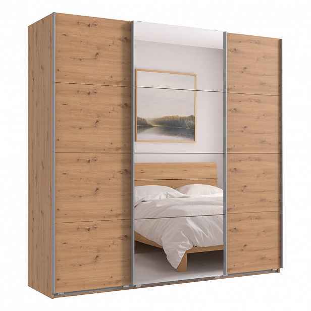 luma-home SKŘÍŇ S POSUVNÝMI DVEŘMI, 3dveřová, 225 × 236 × 64 cm (Š×V×H), extra vysoká, v dekoru dub Artisan, s jedněmi zrcadlovými dveřmi / 22540