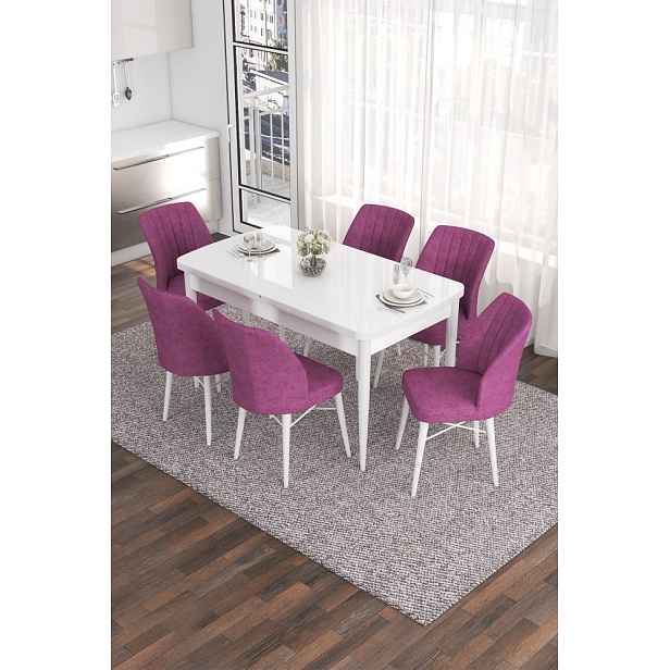 Extendable Dining Table & Chairs Set (7 Pieces) Eva - White, Purple