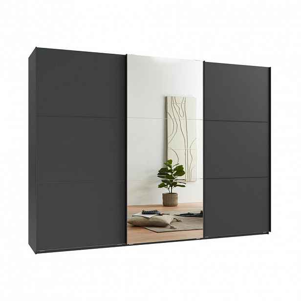 luma-home SKŘÍŇ S POSUVNÝMI DVEŘMI, 3dveřová, 300 × 216 × 65 cm (Š×V×H), v antracitové barvě, s jedněmi zrcadlovými dveřmi, včetně kompletního vybaven