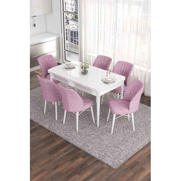 Extendable Dining Table & Chairs Set (7 Pieces) Eva - White, Pink