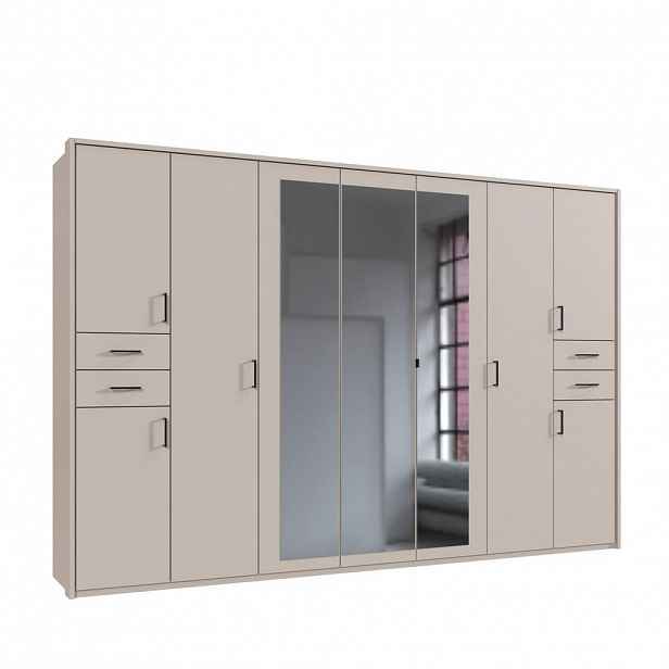 luma-home SKŘÍŇ S OTOČNÝMI DVEŘMI Š313/V210/H58 cm, béžovo-šedá, s paspartou, 3 zrcadlovými dveřmi a zásuvkami, černé úchytky / 22586