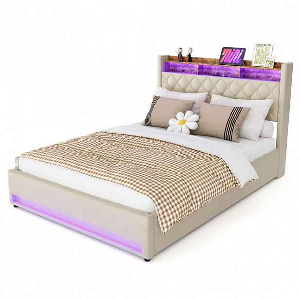STILVORA ČALOUNĚNÁ POSTEL 180/200 cm s matrací a úložným prostorem, boxspringová postel se zásuvkou a LED osvětlením, béžová