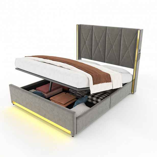 CHICFURN ČALOUNĚNÁ POSTEL 160/200 cm v tmavě šedé barvě s úložným prostorem, LED a USB