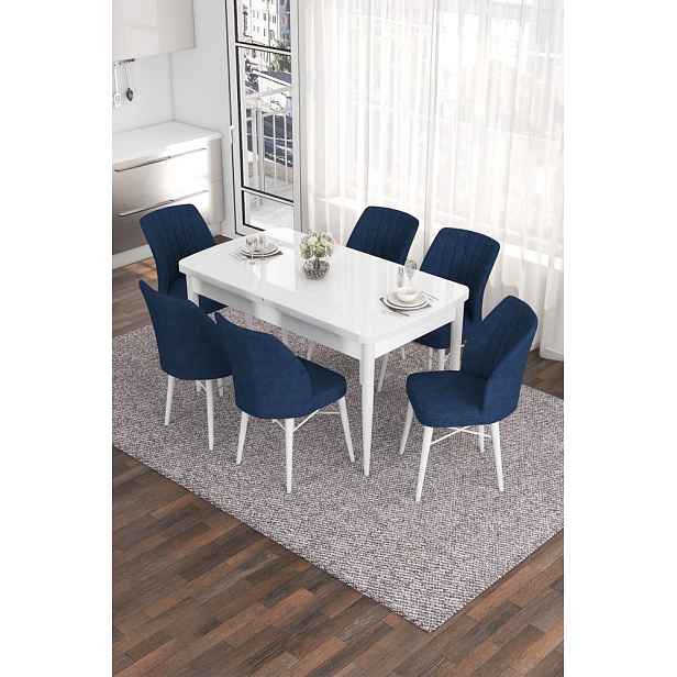 Extendable Dining Table & Chairs Set (7 Pieces) Eva - White, Navy Blue