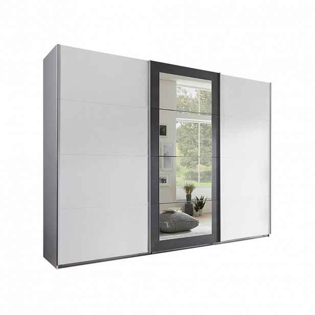 luma-home SKŘÍŇ S POSUVNÝMI DVEŘMI, 3dveřová, šířka 270 cm, výška 208 cm, hloubka 65 cm, v bílé barvě s akcenty v šedém provedení imitujícím ocel / 22