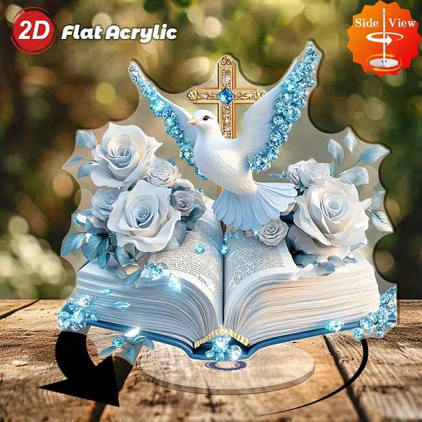 TEMU 2D plochá dekorace - 1 ks 2D otočná akrylová holubice na stůl - Zlatý kříž a růže Surrealistická holubice, design otevřené bible pro duchovní