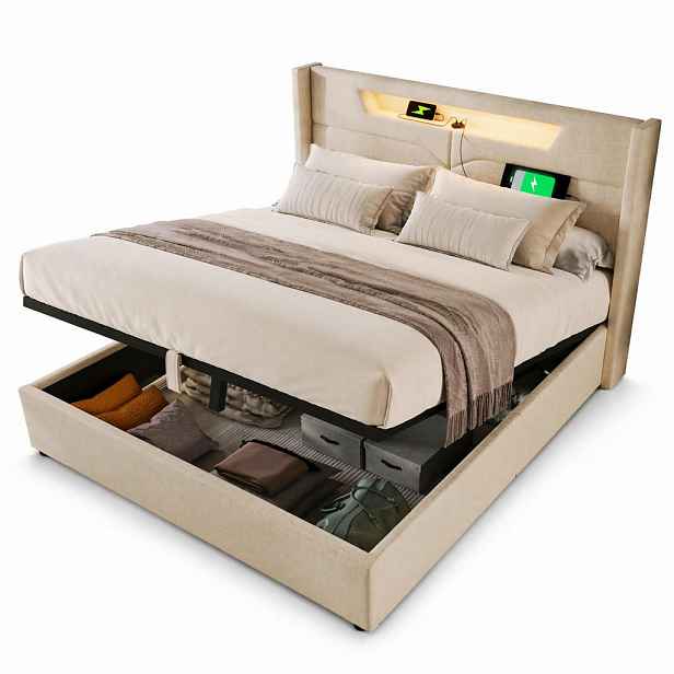 CHICFURN ČALOUNĚNÁ POSTEL 160/200 cm v béžové barvě s úložným prostorem, LED a USB-C
