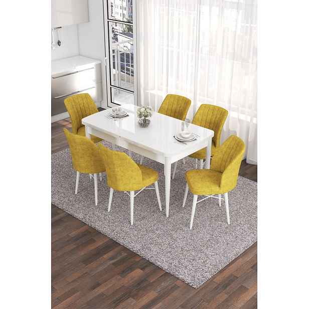 Extendable Dining Table & Chairs Set (7 Pieces) Eva - White, Mustard