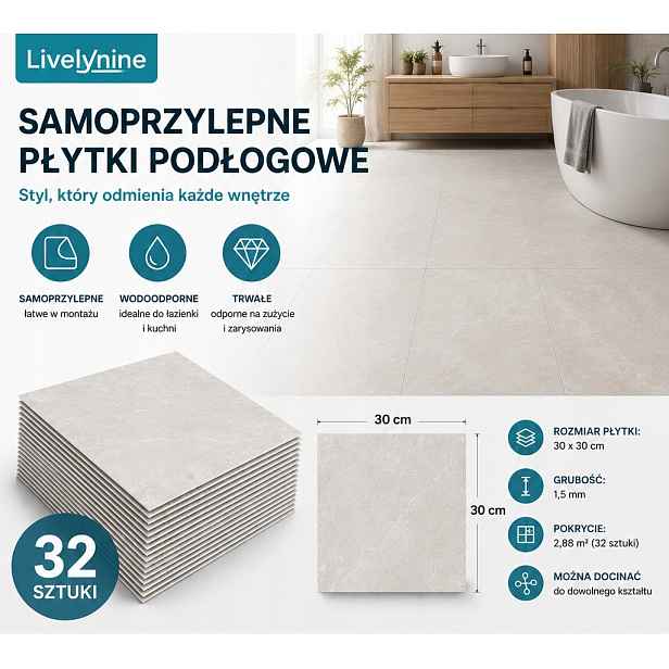 Livelynine – samolepicí vinylové dlaždice 30×30 cm, 32ks/2,88 m²