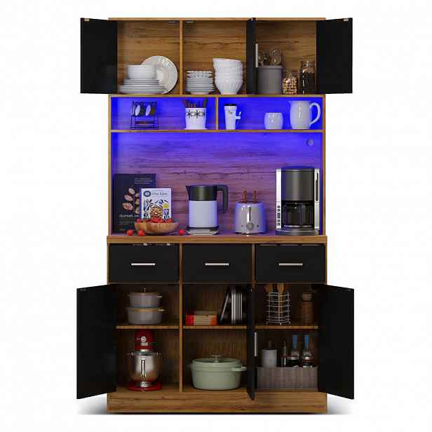 Modfu KUCHYŇSKÁ skříňka z MDF 100x40x180 cm v přírodní a černé s LED osvětlením, USB zásuvkami a velkým úložným prostorem