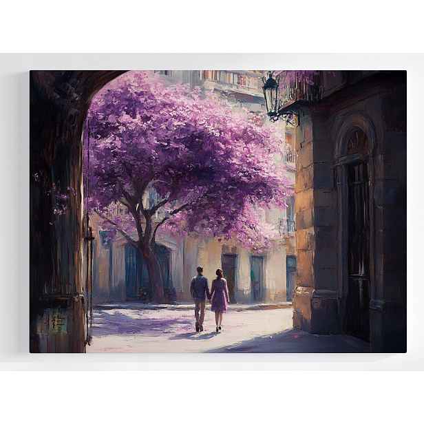 Plakát Akvarel Město Fialové Dřevo Pár Procházka 100x75
