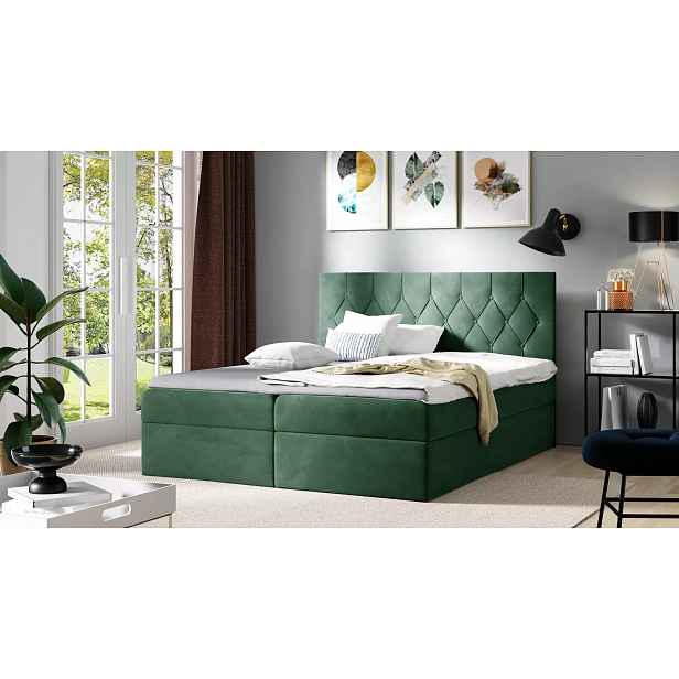 Postel boxspring TIBOR - 200x220, zelená + topper ZDARMA