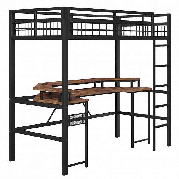 STILVORA HOCHBETT 90/200 cm in Schwarz mit Schreibtisch, LED und USB/Type-C Metallbett