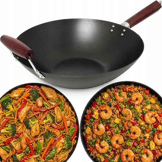Wok pánev Ocel Uhlíková Ploché dno 35 cm s držákem pro každou kuchyňskou linku