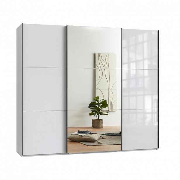 luma-home SKŘÍŇ S POSUVNÝMI DVEŘMI, 3dveřová, 250 × 216 × 65 cm (Š×V×H), bílá barva se skleněnými čely, jedny zrcadlové dveře / 22033