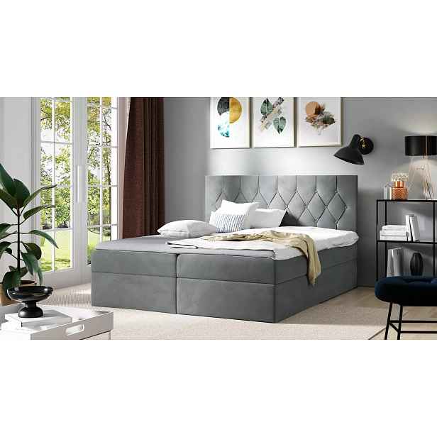 Postel boxspring TIBOR - 200x220, šedá + topper ZDARMA