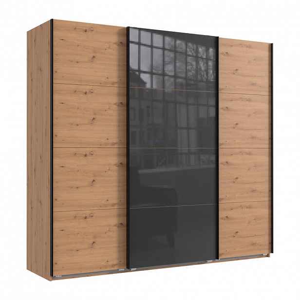 luma-home SKŘÍŇ S POSUVNÝMI DVEŘMI, 3dveřová, šířka 225 cm, výška 208 cm, hloubka 64 cm, dekor dub Artisan, s jedněmi prosklenými dveřmi v šedé barvě