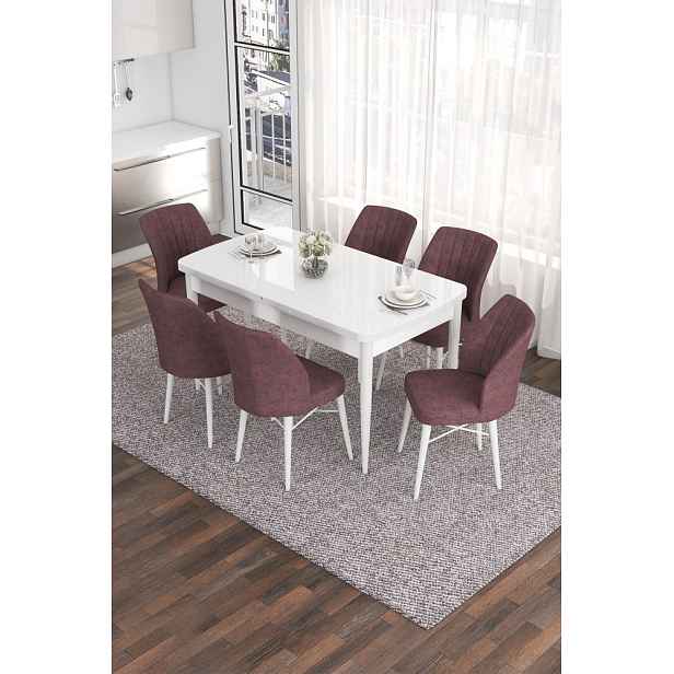 Extendable Dining Table & Chairs Set (7 Pieces) Eva - White, Dusty Rose