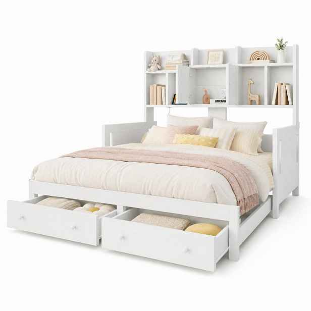 CHICFURN ROZKLÁDACÍ POHOVKA 90/190 cm a 180/190 cm v bílé barvě s LED a úložným prostorem