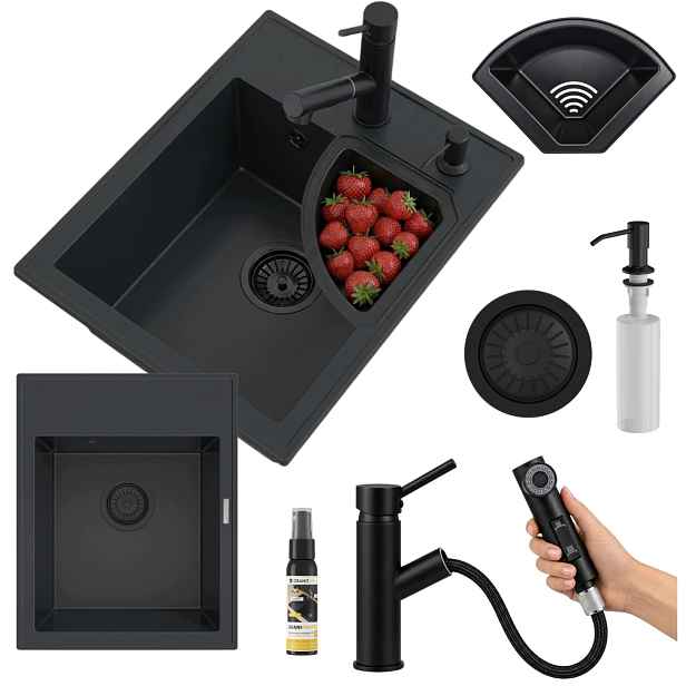 Granitový Dřez Černý Nero Set Dřez Baterie Dávkovač Sifon Košík