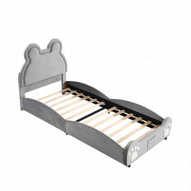 OKWISH DĚTSKÁ čalouněná postel 90/200 cm šedá z látky ve tvaru medvěda