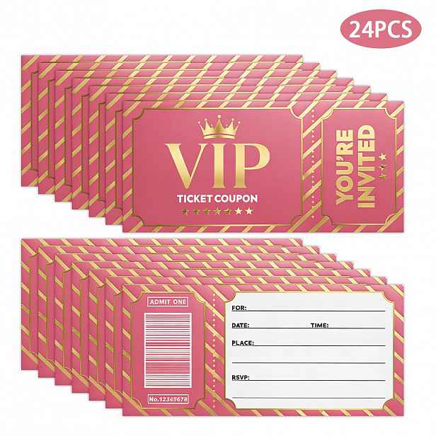 TEMU [Pozvánky na párty] Sada 24 elegantních pozvánek v černé, zlaté a růžové barvě, navržených jako VIP průkazy, ideální pro narozeniny, rozlučky se
