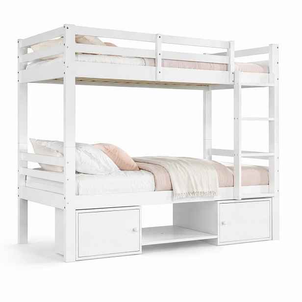 CHICFURN PATROVÁ POSTEL 90/200 cm & 90/200 cm v bílé barvě s policemi a uzavřenými přihrádkami