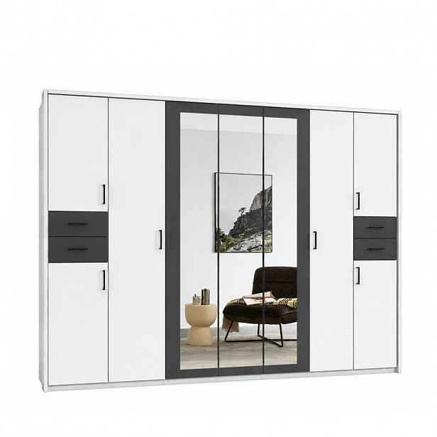 luma-home SKŘÍŇ S OTOČNÝMI DVEŘMI Š313/V210/H58 cm, bílá s grafitovými akcenty, s paspartou, 3 zrcadlovými dveřmi a zásuvkami, černé úchytky / 22584