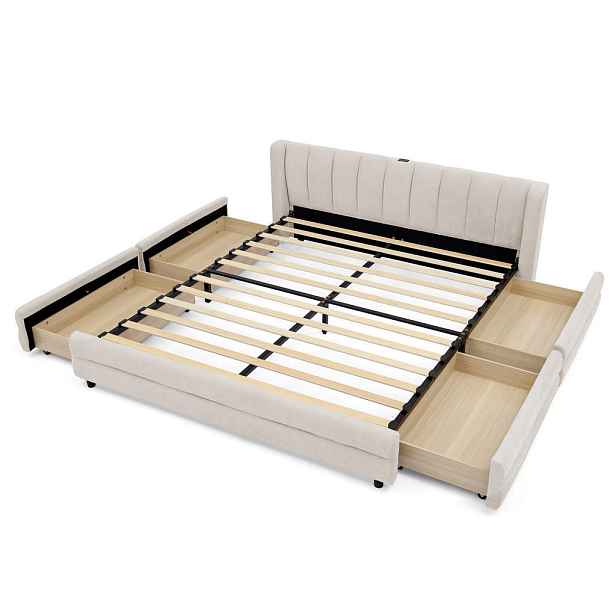 STILVORA ČALOUNĚNÁ POSTEL 140 × 200 cm, béžová, žinylková, 4 zásuvky, USB a Type-C