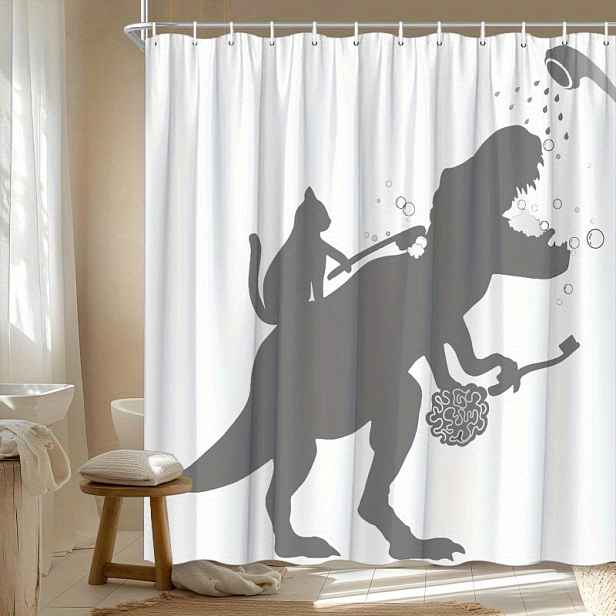 TEMU 1 ks 2D Plochý tisk – Závěs do sprchy s řvoucí T-Rexem, který stříká vodu a má na zádech kočku, monochromatický hravý dekor do koupelny s 12