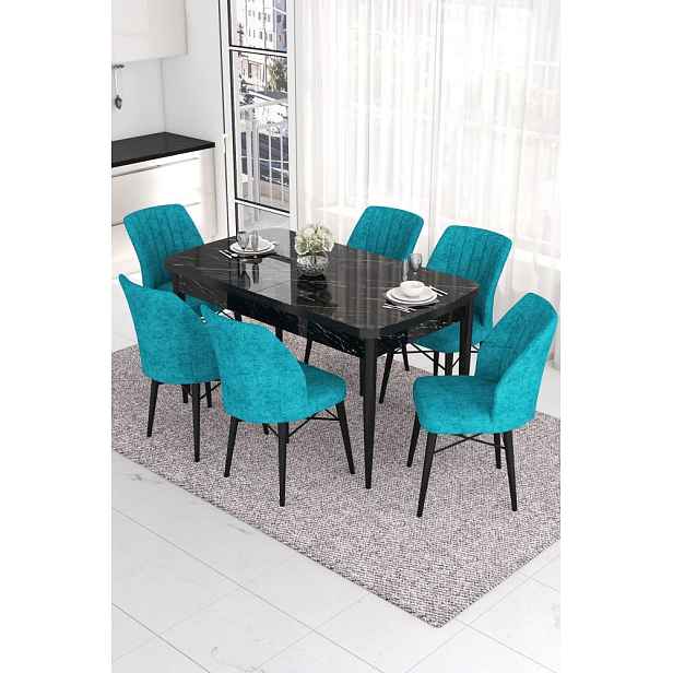 Extendable Dining Table & Chairs Set (7 Pieces) Eva - Black Marble, Turquoise