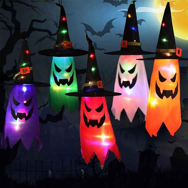 5 kusů zahradních dekorací na Halloween, svítící klobouk čarodějnice