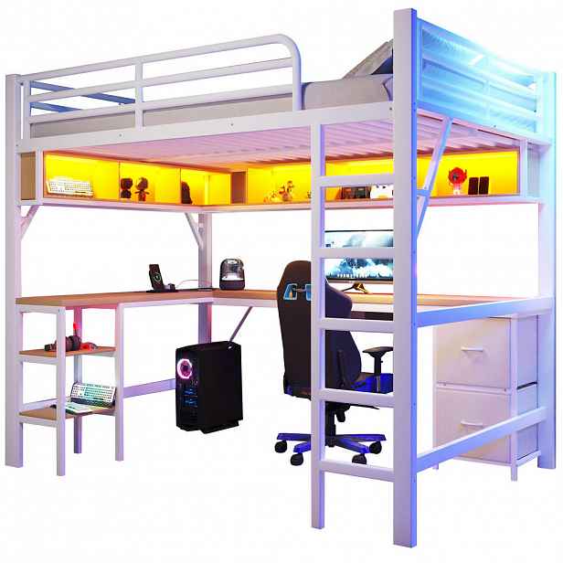 CHICFURN VYVÝŠENÁ POSTEL 140/200 cm v bílé barvě s psacím stolem, LED a USB