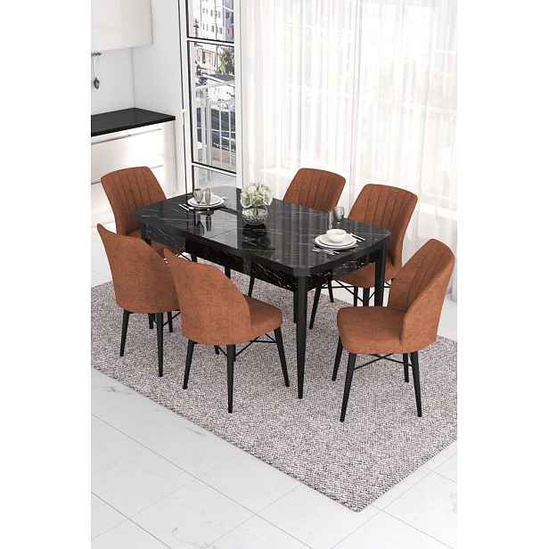 Extendable Dining Table & Chairs Set (7 Pieces) Eva - Black Marble, Tile Red
