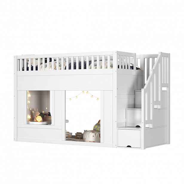 STILVORA HOCHBETT 90/200 cm in Weiß Kinderbett mit Treppenschrank und Stauraum