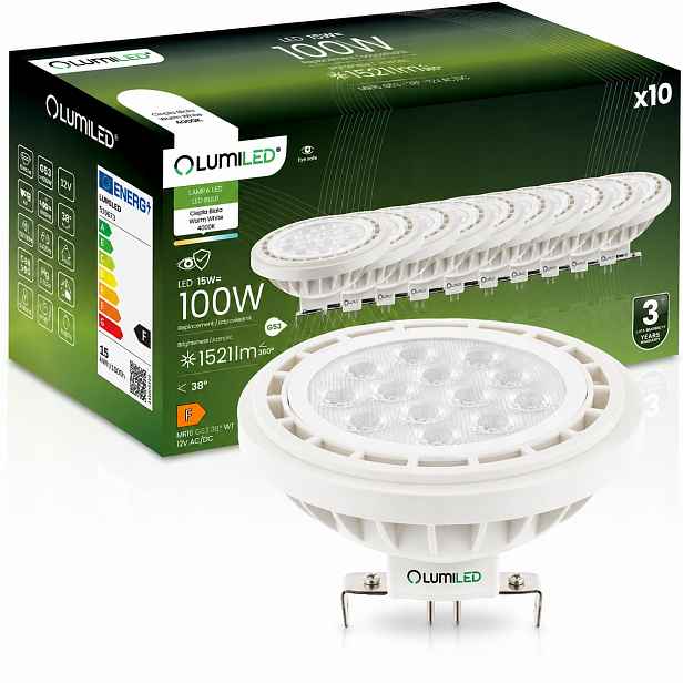 10x Led žárovka G53 AR111 15W 100W 1521lm 4000K Neutrální 38° 12V Lumiled