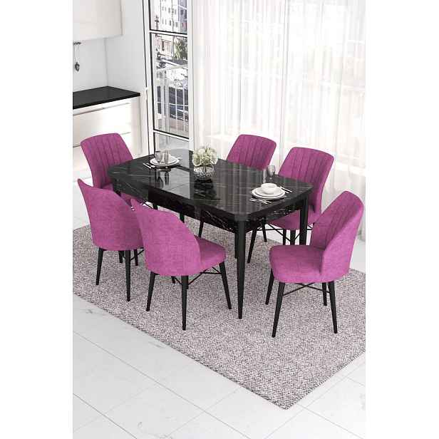 Extendable Dining Table & Chairs Set (7 Pieces) Eva - Black Marble, Purple