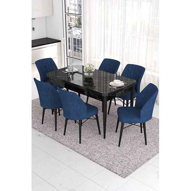 Extendable Dining Table & Chairs Set (7 Pieces) Eva - Black Marble, Navy Blue