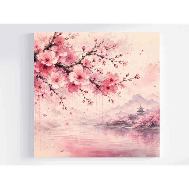 Obraz Na Plátně Obraz Na Plátně Višeň Třešeň Krajina Sakura Pagoda Orient Japandi 50x50