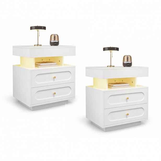 STILVORA SET NOČNÍCH STOLKŮ v bílé barvě s LED osvětlením a 2 zásuvkami, 100 × 40 × 60 cm