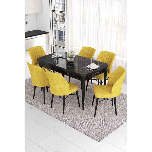 Extendable Dining Table & Chairs Set (7 Pieces) Eva - Black Marble, Mustard