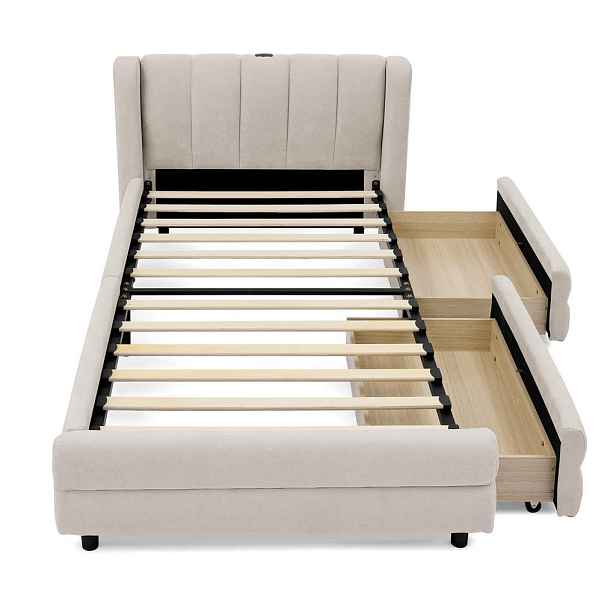 STILVORA ČALOUNĚNÁ POSTEL 90 × 200 cm, béžová, žinylková, 2 zásuvky, USB a Type-C