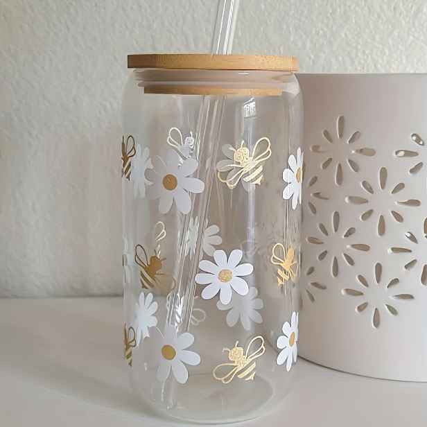 TEMU 1 ks, Daisy láhev na vodu s víčkem a brčkem, 16 oz/500 ml plechovka, hrnek pro ledovou kávu, čaj, džus mléko, narozeninový dárek, nápojové