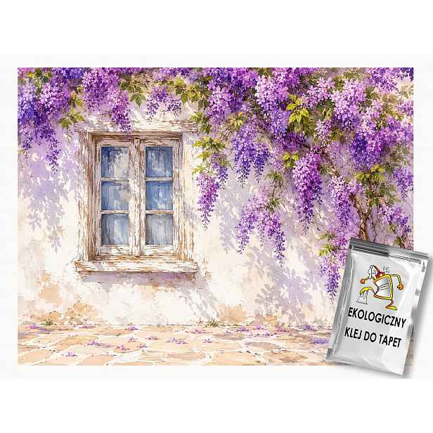 Vliesová fototapeta na zeď s motivem oken a kvetoucí vistárie, rozměr 368x254 cm, gramáž 130g